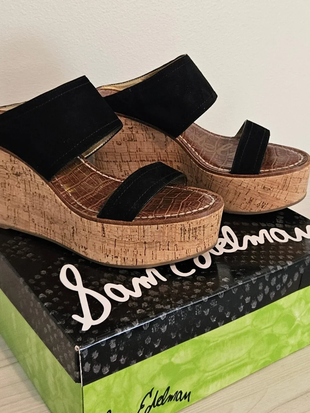 Sam Edelman Dali Sz 6.5 Black Suede Cork Platform Wedge Sandals